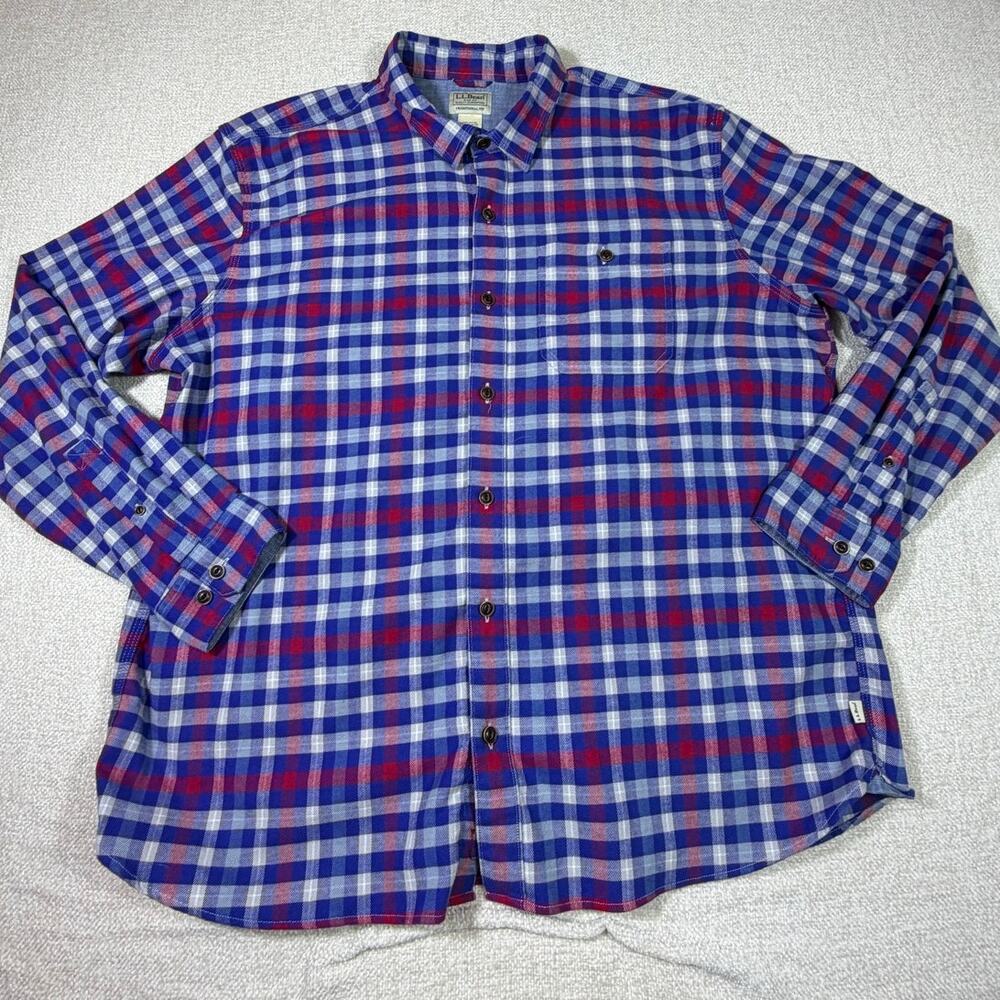 LL Bean Men XL Red White Blue Traditional Fit Patriotic Check LS Flannel Shirt